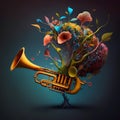 Imaginative fantasy-like trumpet concept with exotic flowers and leaves. AI generative