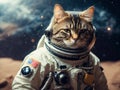 Astronaut cat in spacesuit against the background of the planet. Generative AI