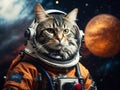 Astronaut cat in spacesuit against the background of the planet. Generative AI