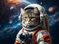 Astronaut cat in spacesuit against the background of the planet. Generative AI