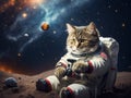 Astronaut cat in spacesuit against the background of the planet. Generative AI