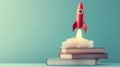 Imaginative learning concept with rocket launching from books for educational inspiration. Fly aesthetic Royalty Free Stock Photo