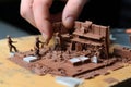 Imaginative Miniature builders on chocolate bar macro food. Generate Ai