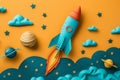 Imaginative Paper Craft Rocket Launch in Colorful Space Scene with Stars, Planets, and Clouds on Vibrant Background Royalty Free Stock Photo