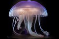 An imaginative and photo-realistic depiction of a shimmering and translucent jellyfish underwater creature, captured in studio.