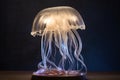 An imaginative and photo-realistic depiction of a shimmering and translucent jellyfish underwater creature, captured in studio.