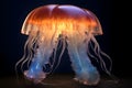 An imaginative and photo-realistic depiction of a shimmering and translucent jellyfish underwater creature, captured in studio.