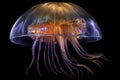 An imaginative and photo-realistic depiction of a shimmering and translucent jellyfish underwater creature, captured in studio.