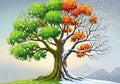 An imaginative portrayal of a single tree displaying four seasons simultaneously. The left section is spring with green leaves and Royalty Free Stock Photo