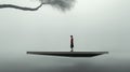 Imaginative Red And Gray Figure On Thin Platform In The Fog