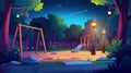 Imaginative scene of a children's playground park at night. The kids play swings, slides, seesaws, and sand in light Royalty Free Stock Photo