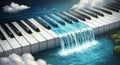 An imaginative scene featuring a giant piano keyboard floating in the sky, with Royalty Free Stock Photo