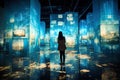 Imaginative scene with floating multimedia screens that project captivating and dreamlike images