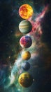 This imaginative space illustration showcases a parade of planets moving through the galaxy, highlighting the beauty of Royalty Free Stock Photo