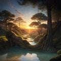Imaginative sunset and sunrise in a forest