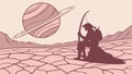 Archer on Alien Planet with Bow and Ringed Planet, vector design Generative AI Royalty Free Stock Photo