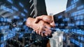 Imaginative visual business handshake with computer graphic of investment data Royalty Free Stock Photo