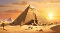 Imagine an ancient Egyptian pyramid standing tall in the desert, with hieroglyphs, enigmatic sculptures, and a golden sunset