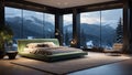 Minimalistic mansion\'s bedroom with picturesque view from the window contains alpine forest covered with snow