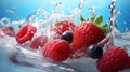 Fresh berries falling into water with splash on blue background, closeup Royalty Free Stock Photo
