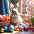 imagine a charming bunny wearing bunny ears while surrounded by glittering easter eggs trending on