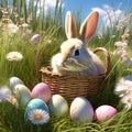 imagine a charming bunny wearing bunny ears while surrounded by glittering easter eggs trending on