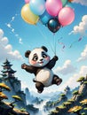 A sky-bound baby panda with a balloon in its paws.