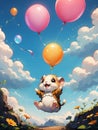 A hamster is flying in the sky using balloons. Royalty Free Stock Photo