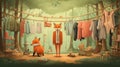 vector illustration of fox arranging its cloths in wardrobe