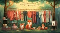 vector illustration of fox arranging its cloths in wardrobe