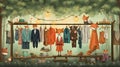 vector illustration of fox arranging its cloths in wardrobe