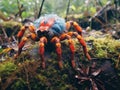 Imagine a giant tarantula with bright colors and thick hair standing on the moss in the Amazon rainforest in the rainy season.Gene