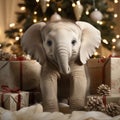 baby white elephant in front of a Christmas box and tree, Royalty Free Stock Photo