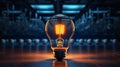 A glowing incandescent lamp symbolizing the birth of new business ideas, a burning light bulb.