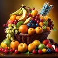 Imagine a mesmerizing scene featuring a vibrant basket overflowing with an assortment of colorful fruits.