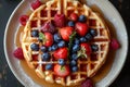 Imagine a morning treat like this: waffles piled with berries, shining with syrupy goodness, top view