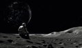 Imagine a new frontier with a stunning photograph depicting people embracing life on the moon, surrounded by a breathtaking lunar