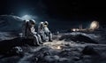 Imagine a new frontier with a stunning photograph depicting people embracing life on the moon, surrounded by a breathtaking lunar