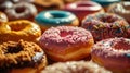 Variety of colorful donuts with sprinkles and chocolate frosted. Royalty Free Stock Photo
