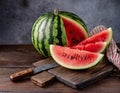 Fresh watermelon slices on a cutting board on a wooden background. AI-generated image Royalty Free Stock Photo