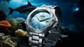 Imagine a suave dolphin in a tailored wetsuit, accessorized with a platinum diving watch Royalty Free Stock Photo