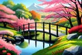 imagine A tranquil Japanese garden with a wooden bridge over a koi pond surrounded by cherry blossoms Royalty Free Stock Photo