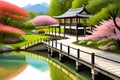 imagine A tranquil Japanese garden with a wooden bridge over a koi pond surrounded by cherry blossoms Royalty Free Stock Photo