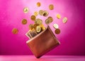 Pink Abundance Visualizing Financial Prosperity with Floating Money and a Wallet A Stock Photo for Inspiring Wealth