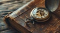 Vintage pocket watch and old book on a wooden table, close up Royalty Free Stock Photo