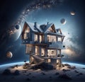 Imagine a visually descriptive and detailed image of a house in the vastness of space