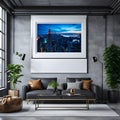 Imagine walking into a beautifully decorated living room with a stunning horizontal frame masterpiece mockup hanging on the wall.