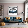 A stunning horizontal frame masterpiece mockup is prominently displayed on the wall.