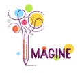 Imagine word with pencil instead of letter I, imagination and fantasy concept, vector conceptual creative logo or poster made with