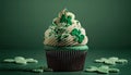 St. Patrick\'s day cupcake on green with three-leaved shamrocks (four leaf clove) on top generative AI Royalty Free Stock Photo